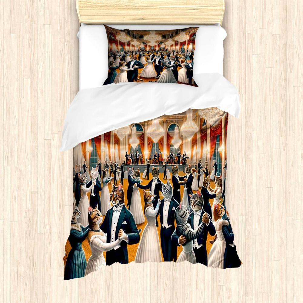 imageAmbesonne Cat Duvet Cover Set Romantic Date Night of Kitties Drinking Milkshake Cozy Night Scene Valentines Decorative 3 Piece Bedding Set with 2 Pillow Shams California King Dark Blue ApricotPetrol Blue and Orange