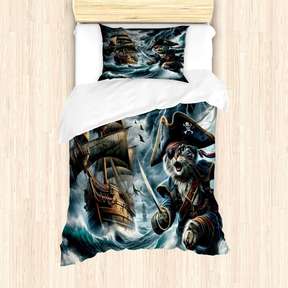imageAmbesonne Cat Duvet Cover Set Romantic Date Night of Kitties Drinking Milkshake Cozy Night Scene Valentines Decorative 3 Piece Bedding Set with 2 Pillow Shams California King Dark Blue ApricotDark Slate Blue and Amber