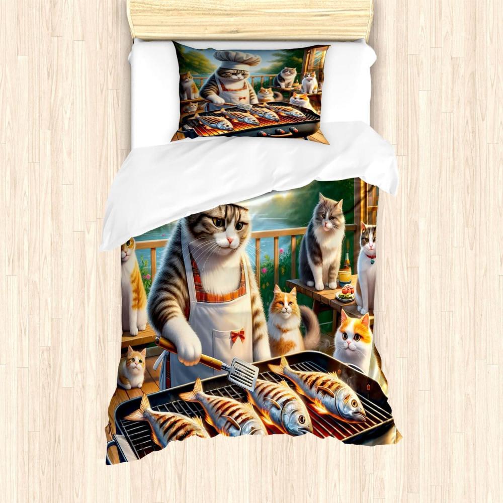 imageAmbesonne Cat Duvet Cover Set Romantic Date Night of Kitties Drinking Milkshake Cozy Night Scene Valentines Decorative 3 Piece Bedding Set with 2 Pillow Shams California King Dark Blue ApricotGreen Orange