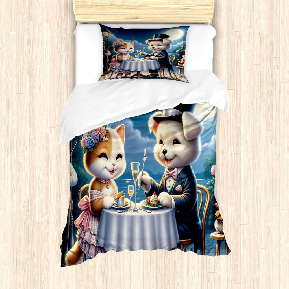 imageAmbesonne Cat Duvet Cover Set Romantic Date Night of Kitties Drinking Milkshake Cozy Night Scene Valentines Decorative 3 Piece Bedding Set with 2 Pillow Shams California King Dark Blue ApricotNight Blue Rose Apricot