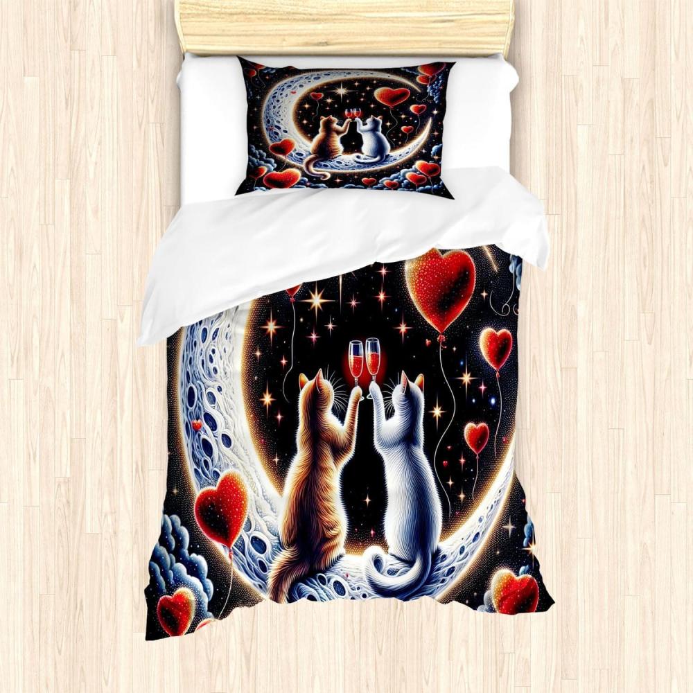 imageAmbesonne Cat Duvet Cover Set Romantic Date Night of Kitties Drinking Milkshake Cozy Night Scene Valentines Decorative 3 Piece Bedding Set with 2 Pillow Shams California King Dark Blue ApricotIndigo and Scarlet