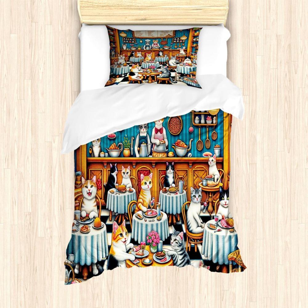 imageAmbesonne Cat Duvet Cover Set Romantic Date Night of Kitties Drinking Milkshake Cozy Night Scene Valentines Decorative 3 Piece Bedding Set with 2 Pillow Shams California King Dark Blue ApricotSea Blue and Marigold