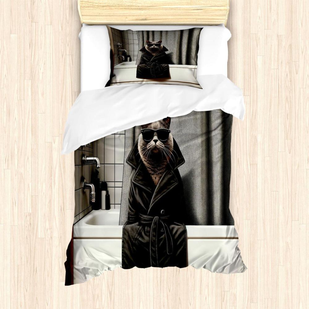 imageAmbesonne Cat Duvet Cover Set Romantic Date Night of Kitties Drinking Milkshake Cozy Night Scene Valentines Decorative 3 Piece Bedding Set with 2 Pillow Shams California King Dark Blue ApricotGrey and Charcoal Grey