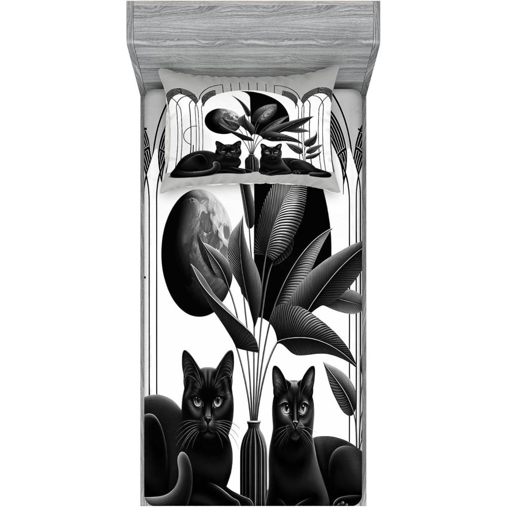 imageAmbesonne Cat Fitted Sheet amp Pillow Sham Set Romantic Date Night of Kitties Drinking Milkshake Cozy Night Scene Valentines Decorative Printed 3 Piece Bedding Decor Set Queen Dark Blue ApricotPale Grey Charcoal Grey