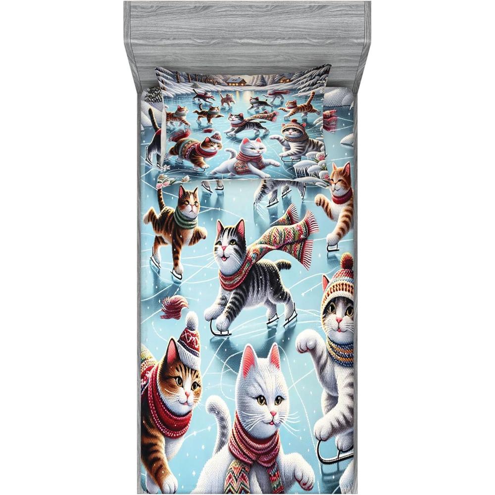 imageAmbesonne Cat Fitted Sheet amp Pillow Sham Set Romantic Date Night of Kitties Drinking Milkshake Cozy Night Scene Valentines Decorative Printed 3 Piece Bedding Decor Set Queen Dark Blue ApricotSoft Blue Burnt Orange