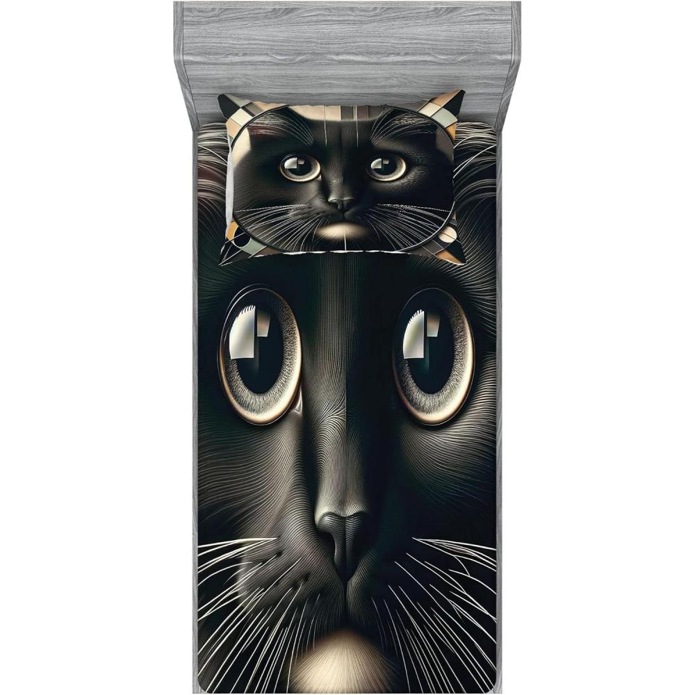 imageAmbesonne Cat Fitted Sheet amp Pillow Sham Set Romantic Date Night of Kitties Drinking Milkshake Cozy Night Scene Valentines Decorative Printed 3 Piece Bedding Decor Set Queen Dark Blue ApricotCharcoal Grey