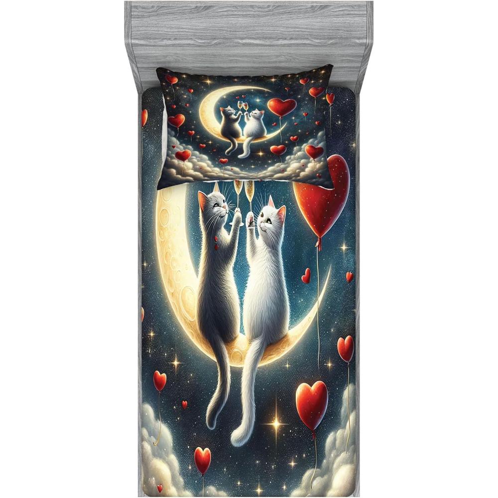 imageAmbesonne Cat Fitted Sheet amp Pillow Sham Set Romantic Date Night of Kitties Drinking Milkshake Cozy Night Scene Valentines Decorative Printed 3 Piece Bedding Decor Set Queen Dark Blue ApricotDark Night Blue Vermilion