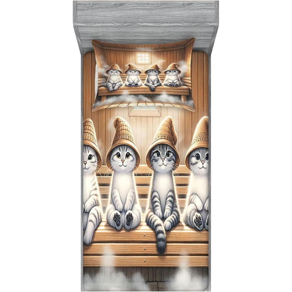 imageAmbesonne Cat Fitted Sheet amp Pillow Sham Set Romantic Date Night of Kitties Drinking Milkshake Cozy Night Scene Valentines Decorative Printed 3 Piece Bedding Decor Set Queen Dark Blue ApricotPastel Brown and Pale Grey