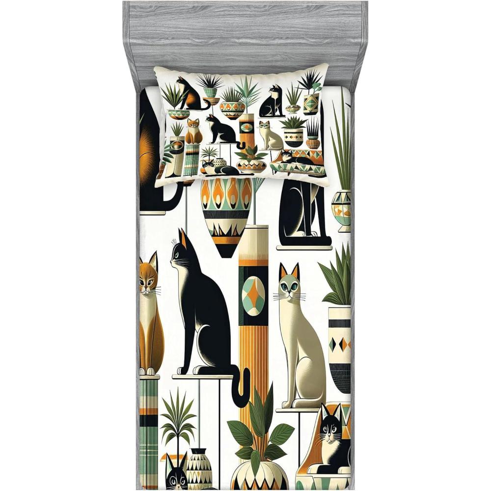 imageAmbesonne Cat Fitted Sheet amp Pillow Sham Set Romantic Date Night of Kitties Drinking Milkshake Cozy Night Scene Valentines Decorative Printed 3 Piece Bedding Decor Set Queen Dark Blue ApricotBlack Ginger Mint Green