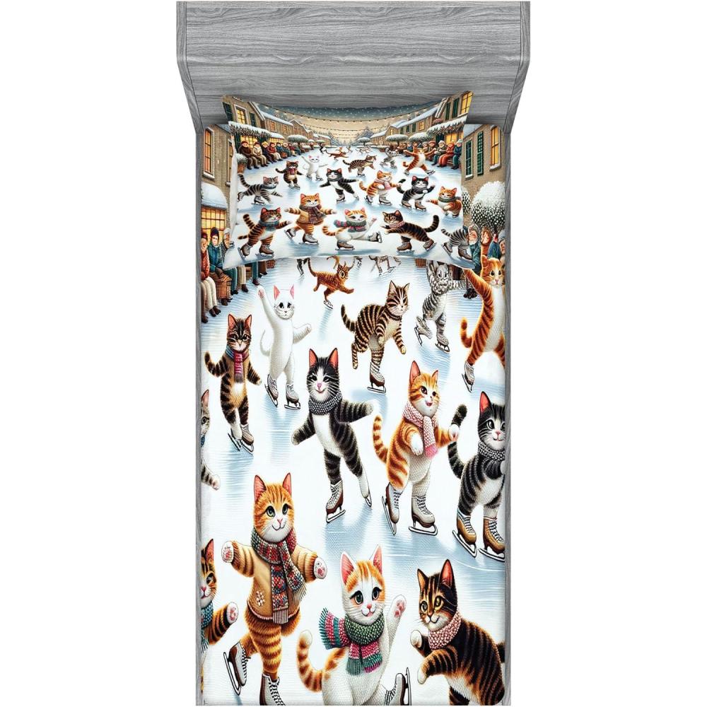 imageAmbesonne Cat Fitted Sheet amp Pillow Sham Set Romantic Date Night of Kitties Drinking Milkshake Cozy Night Scene Valentines Decorative Printed 3 Piece Bedding Decor Set Queen Dark Blue ApricotOrange Brown Pale Blue