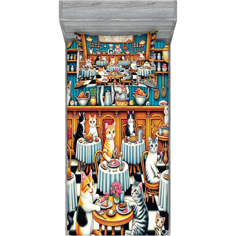 imageAmbesonne Cat Fitted Sheet amp Pillow Sham Set Romantic Date Night of Kitties Drinking Milkshake Cozy Night Scene Valentines Decorative Printed 3 Piece Bedding Decor Set Queen Dark Blue ApricotSea Blue and Marigold