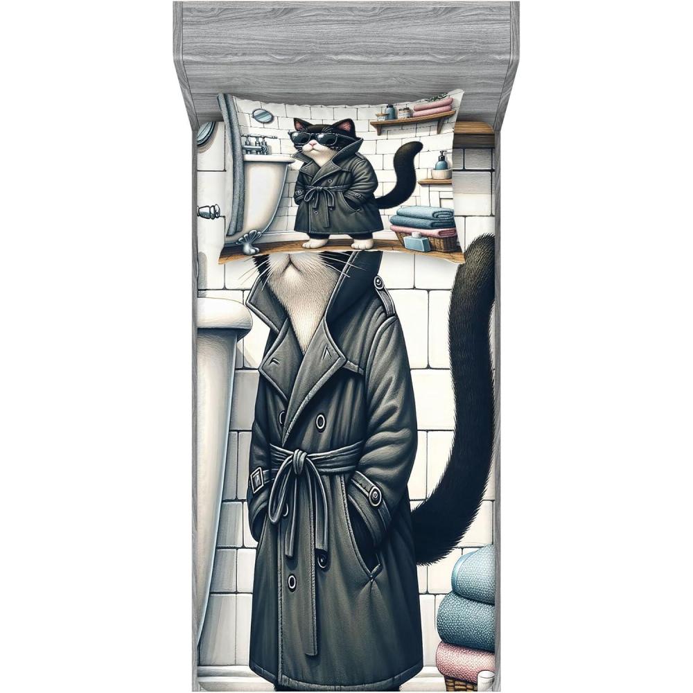 imageAmbesonne Cat Fitted Sheet amp Pillow Sham Set Romantic Date Night of Kitties Drinking Milkshake Cozy Night Scene Valentines Decorative Printed 3 Piece Bedding Decor Set Queen Dark Blue ApricotCharcoal Grey White