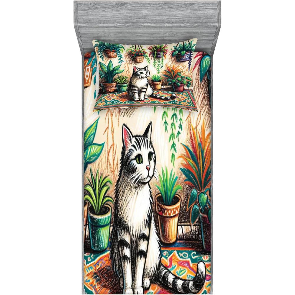 imageAmbesonne Cat Fitted Sheet amp Pillow Sham Set Romantic Date Night of Kitties Drinking Milkshake Cozy Night Scene Valentines Decorative Printed 3 Piece Bedding Decor Set Queen Dark Blue ApricotJade Green Grey Orange