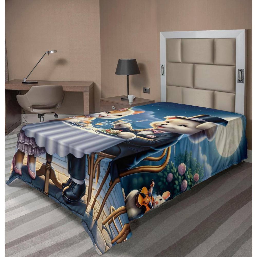 imageAmbesonne Cat Flat Sheet Romantic Date Night of Kitties Drinking Milkshake Cozy Night Scene Valentines Soft and Comfortable Top Sheet Decorative Bedding 1 Piece Full Size Dark Blue ApricotNight Blue Rose Apricot