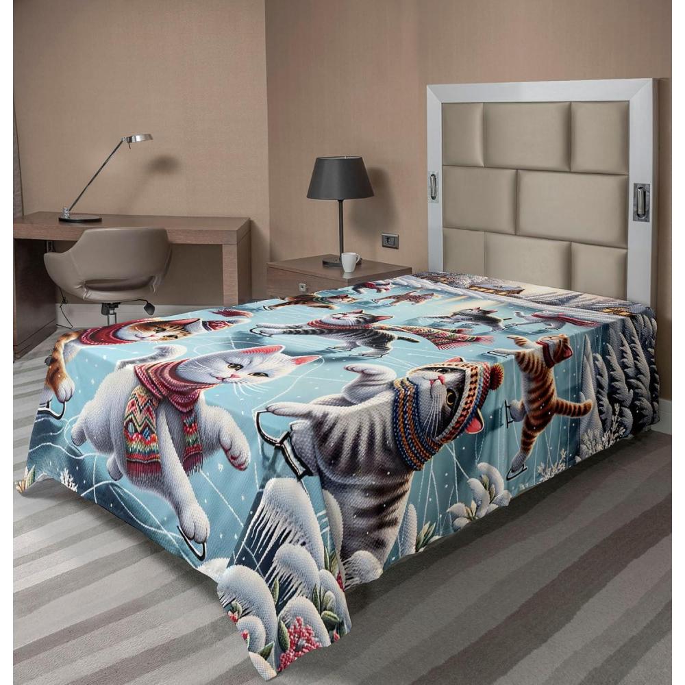 imageAmbesonne Cat Flat Sheet Romantic Date Night of Kitties Drinking Milkshake Cozy Night Scene Valentines Soft and Comfortable Top Sheet Decorative Bedding 1 Piece Full Size Dark Blue ApricotSoft Blue Burnt Orange
