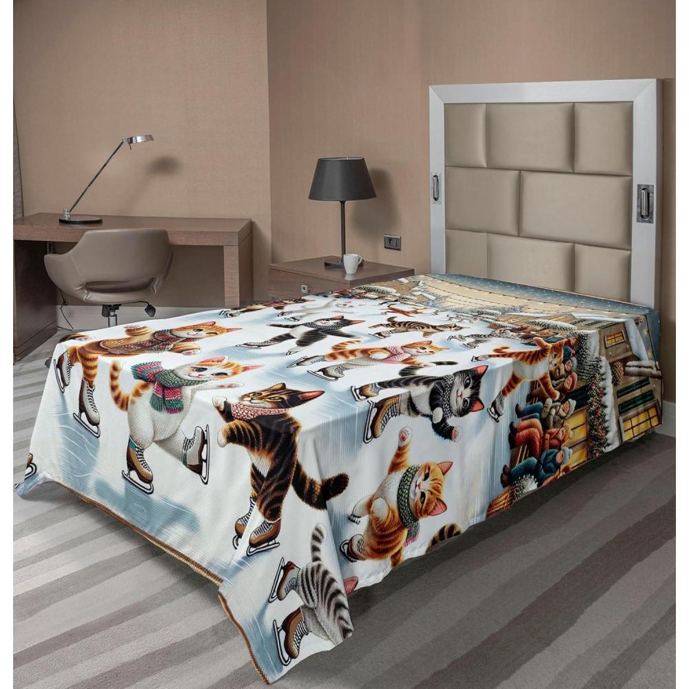 imageAmbesonne Cat Flat Sheet Romantic Date Night of Kitties Drinking Milkshake Cozy Night Scene Valentines Soft and Comfortable Top Sheet Decorative Bedding 1 Piece Full Size Dark Blue ApricotOrange Brown Pale Blue