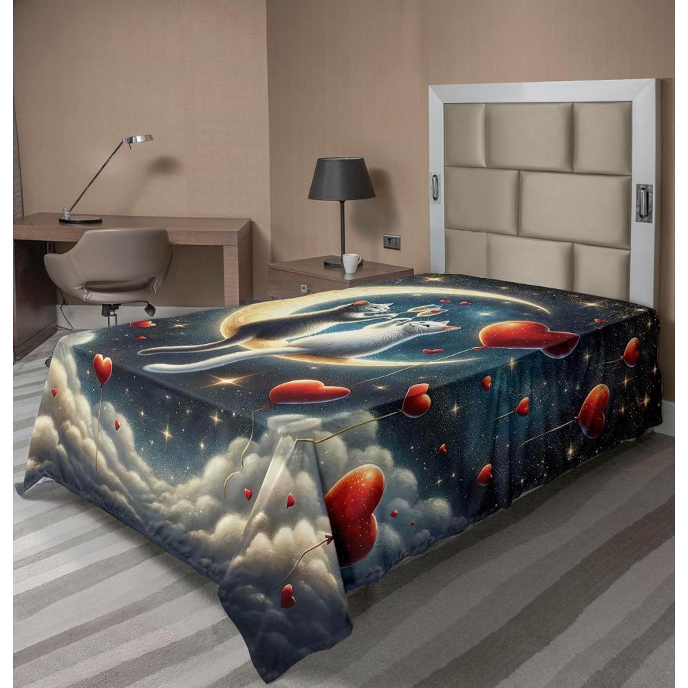imageAmbesonne Cat Flat Sheet Romantic Date Night of Kitties Drinking Milkshake Cozy Night Scene Valentines Soft and Comfortable Top Sheet Decorative Bedding 1 Piece Full Size Dark Blue ApricotDark Night Blue Vermilion