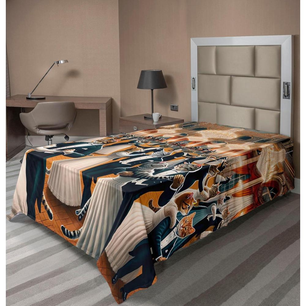 imageAmbesonne Cat Flat Sheet Romantic Date Night of Kitties Drinking Milkshake Cozy Night Scene Valentines Soft and Comfortable Top Sheet Decorative Bedding 1 Piece Full Size Dark Blue ApricotPetrol Blue and Orange