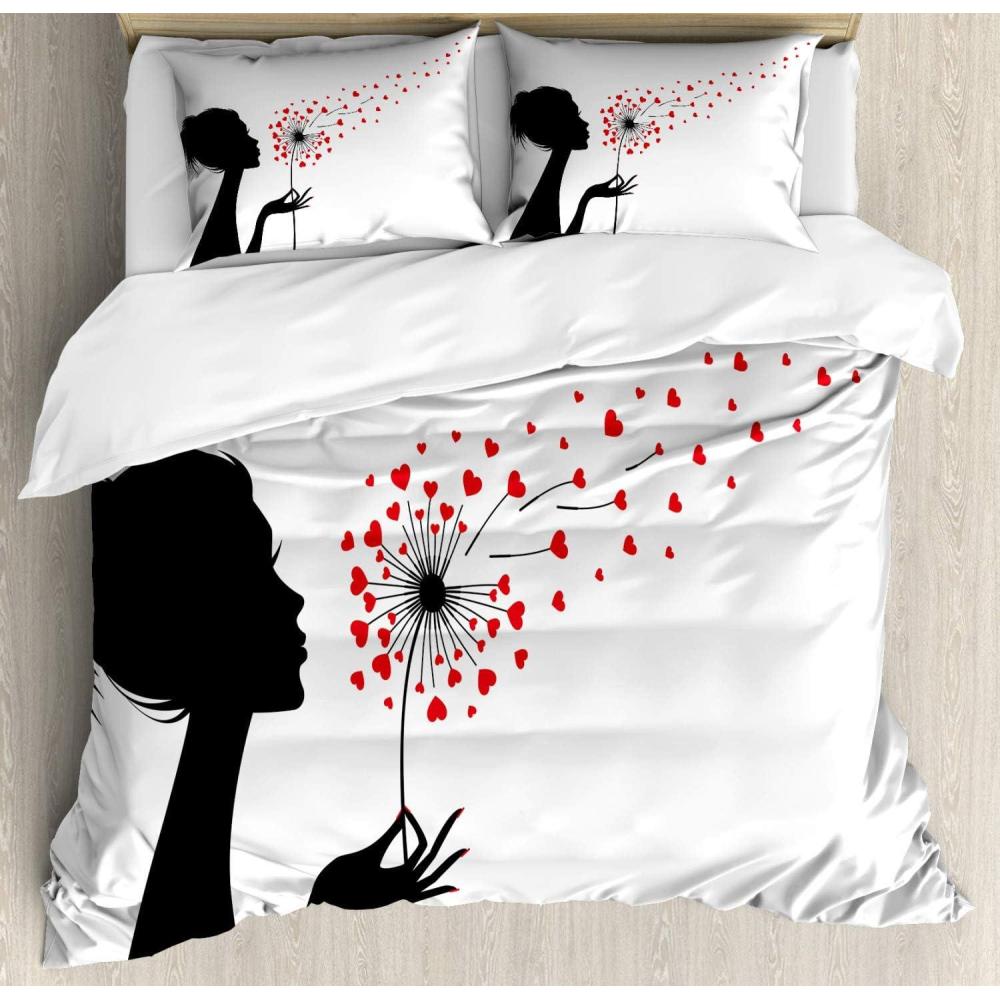 imageAmbesonne Dandelion Duvet Cover Set Woman Silhouette Heart Flying Valentines Day Themed Decorative 3 Piece Bedding Set with 2 Pillow Shams King Size Vermilion Black White