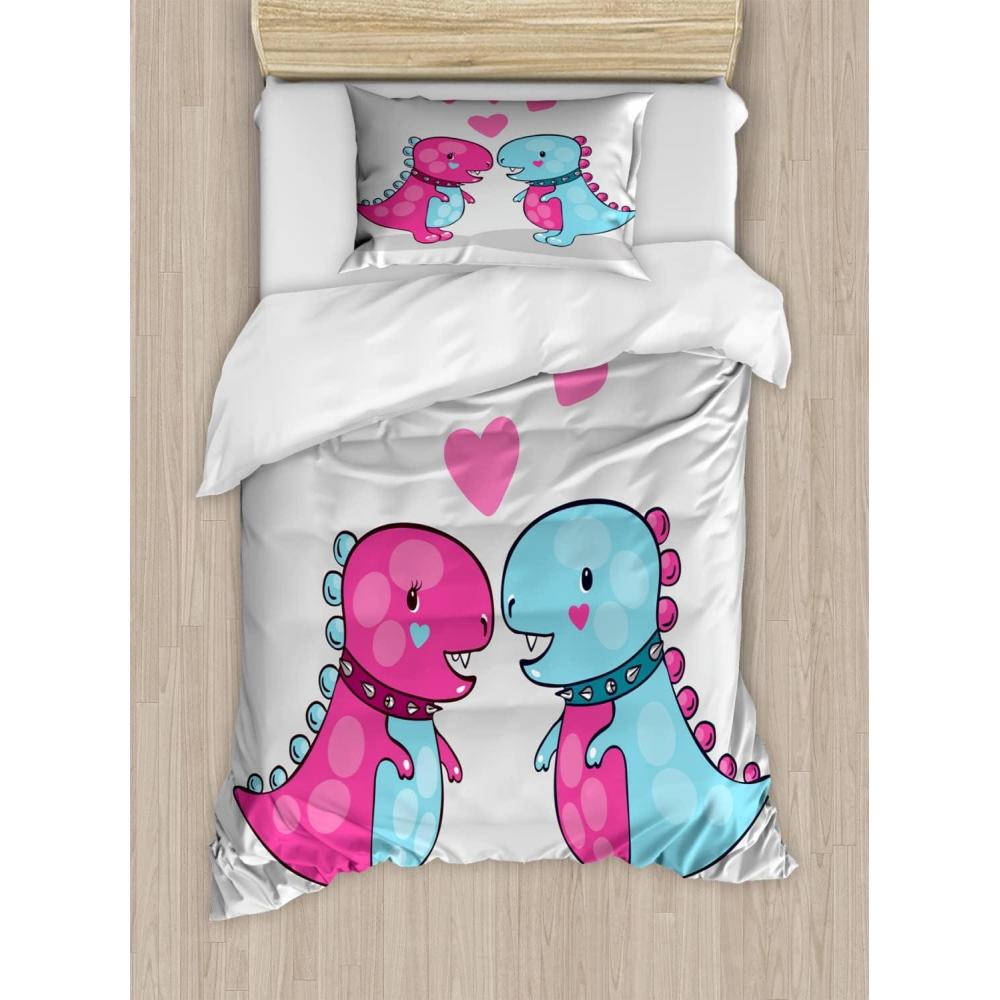 imageAmbesonne Dinosaur Duvet Cover Sets 2 Dinosaurs with Spiked Neck Collars in Love Hearts Valentines Bedding Set with 2 Duvet Covers 4 Pillowcases 2 Pack Cal King Size Pale Grey Pale Blue