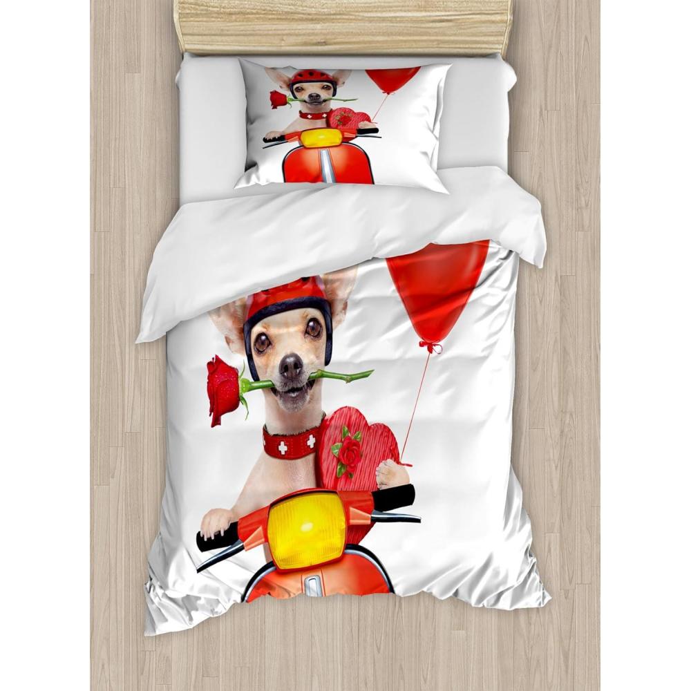 imageAmbesonne Dog Driver Duvet Cover Set Romantic Chihuahua with Balloon Rose Flower Valentines Love Date Celebration Decorative 3 Piece Bedding Set with 2 Pillow Shams King Size Red YellowRed Yellow
