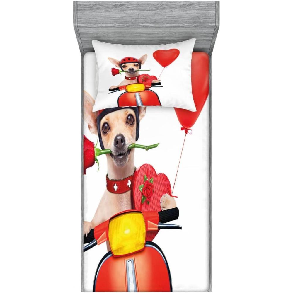 imageAmbesonne Dog Driver Fitted Sheet amp Pillow Sham Set Romantic Chihuahua with Balloon Rose Flower Valentines Love Date Celebration Decorative Printed 2 Piece Bedding Decor Set Twinxl MulticolorMulticolor