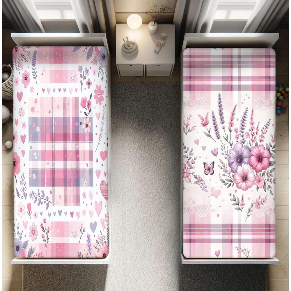 imageAmbesonne Floral Art Fitted Sheet Set Modern Scandi Flowers Leaves on Tartan Plaid Back Butterfly Valentine 2 Pack Comfortable Bedding AllRound Elastic Pocket Twin XL Size Blush White Grey Pink