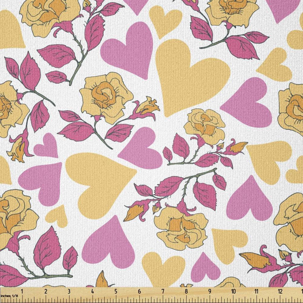 imageAmbesonne Floral Fabric by The Yard Romantic Style Bicolor Hearts and Blooming Roses Valentines Day Stretch Knit Fabric for Clothing Sewing and Arts Crafts 10 Yards Mustard PinkMustard Pink