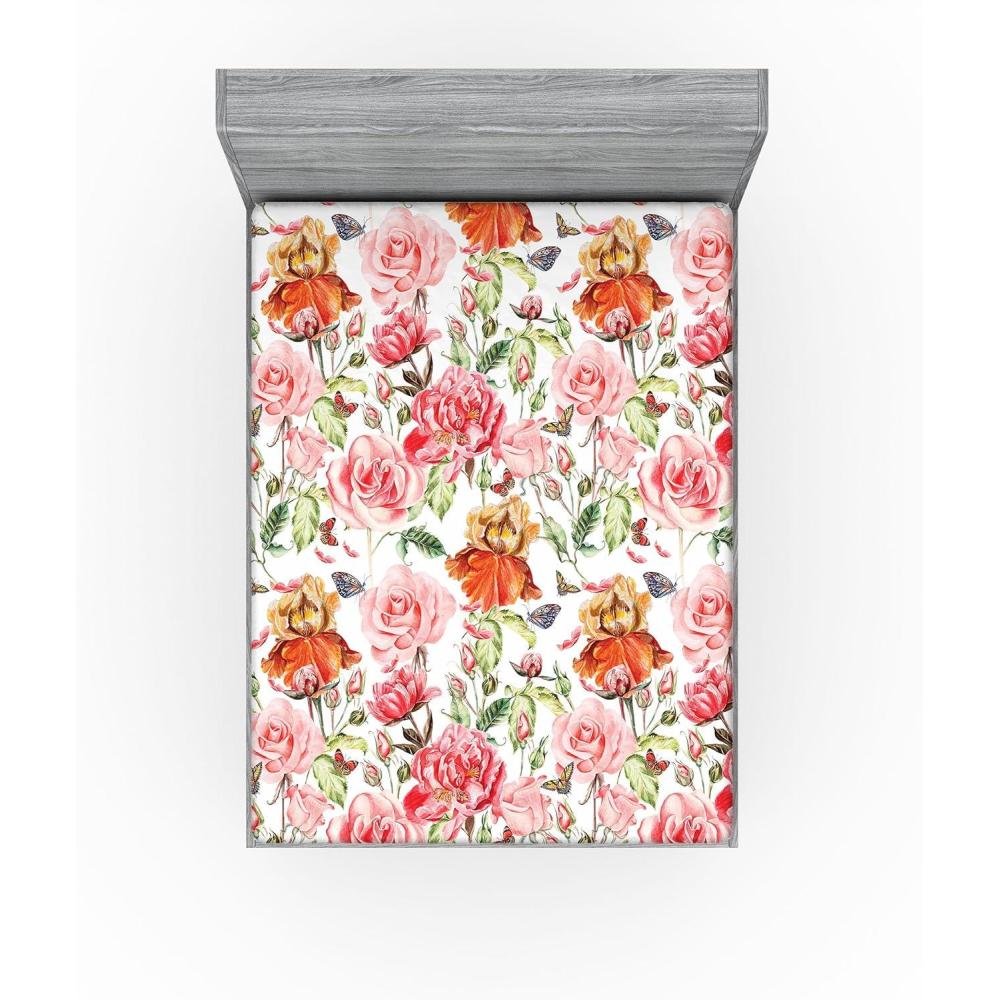 imageAmbesonne Floral Fitted Sheet Romantic Concept Art Featuring Rose Flowers Hearts Leaves Valentine Decorative Soft Fabric Bedding AllRound Elastic Pocket Queen Size Pastel Pink and Fern GreenDark Peach and Soft Pink