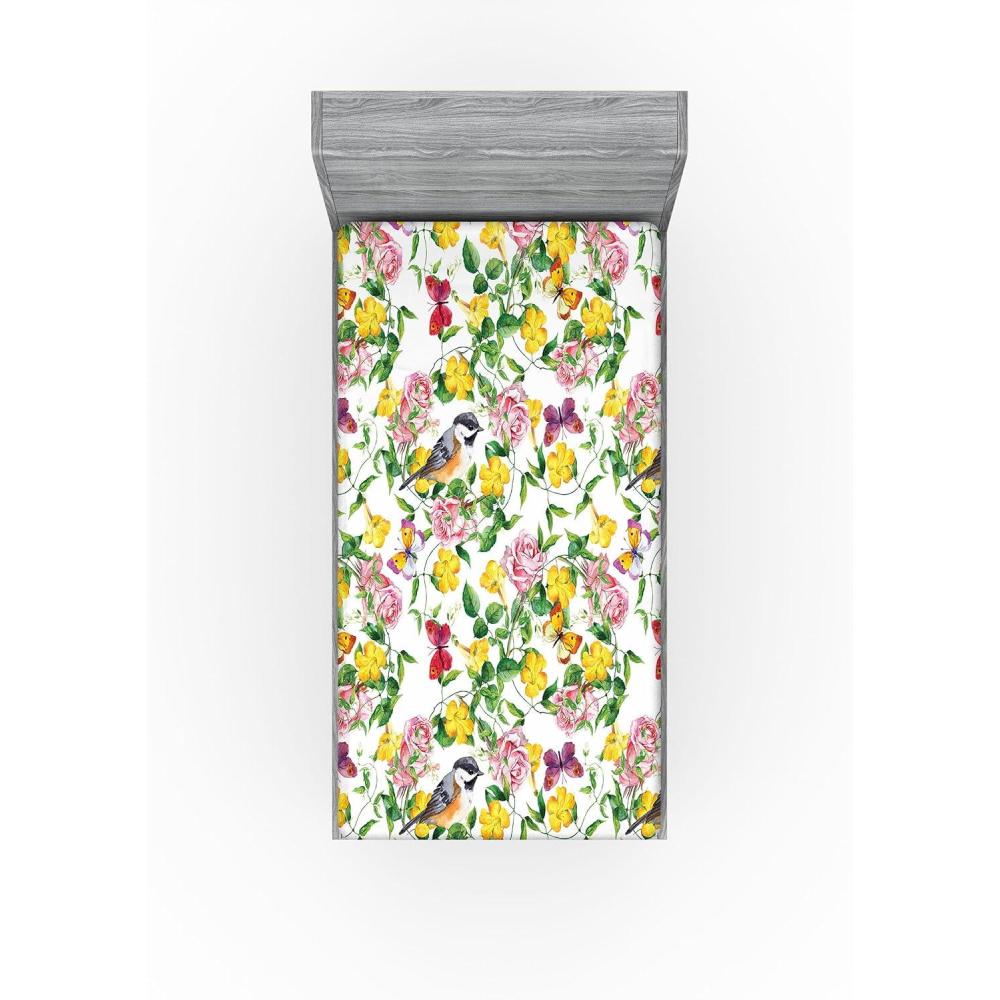 imageAmbesonne Floral Fitted Sheet Romantic Concept Art Featuring Rose Flowers Hearts Leaves Valentine Decorative Soft Fabric Bedding AllRound Elastic Pocket Queen Size Pastel Pink and Fern GreenMustard and Pale Olive Green