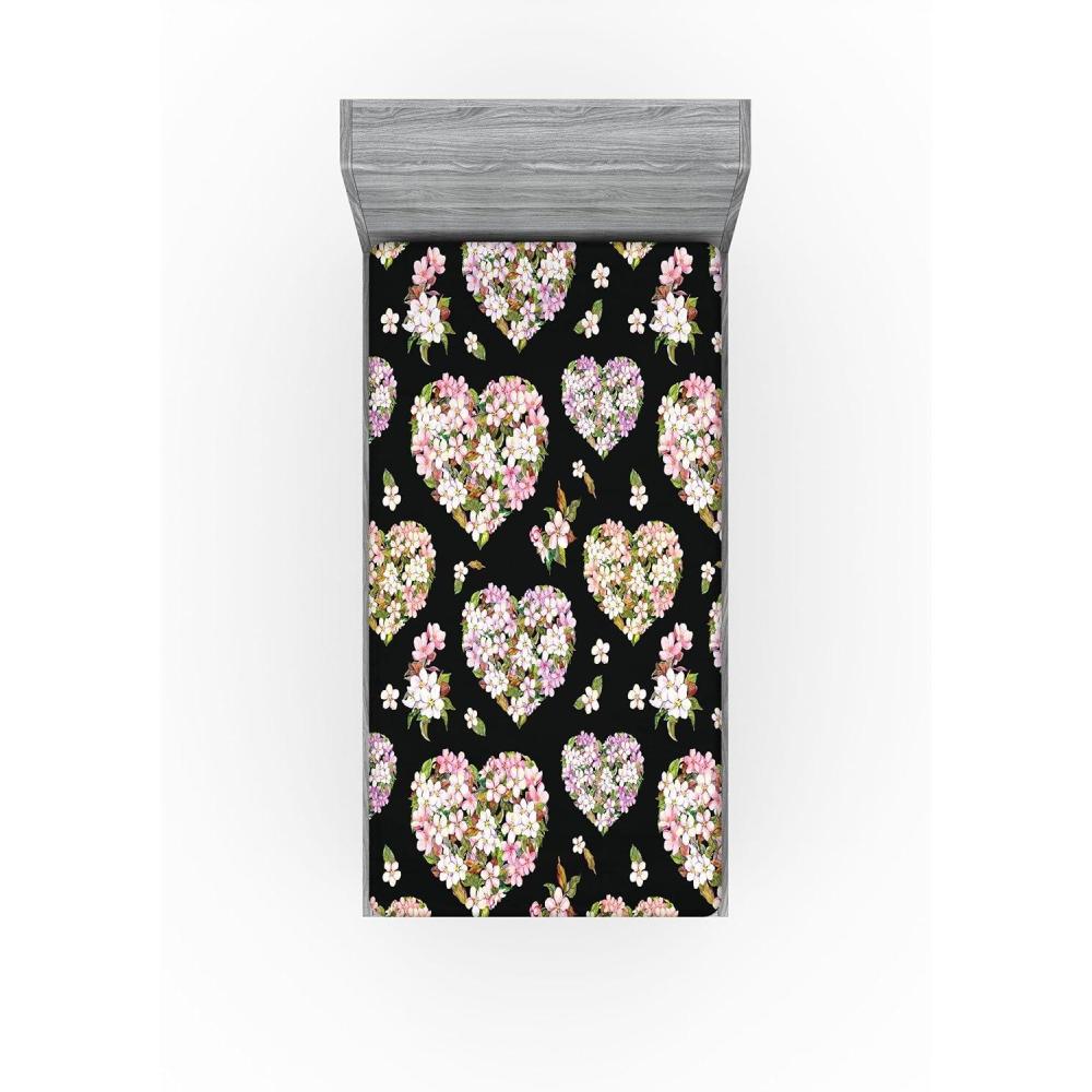 imageAmbesonne Floral Fitted Sheet Romantic Concept Art Featuring Rose Flowers Hearts Leaves Valentine Decorative Soft Fabric Bedding AllRound Elastic Pocket Queen Size Pastel Pink and Fern GreenSage Green and Soft Pink