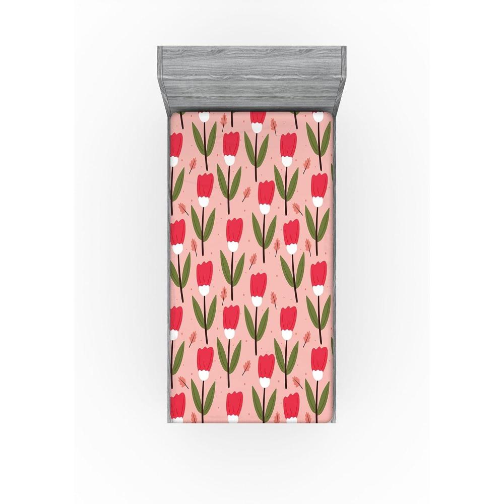 imageAmbesonne Floral Fitted Sheet Romantic Concept Art Featuring Rose Flowers Hearts Leaves Valentine Decorative Soft Fabric Bedding AllRound Elastic Pocket Queen Size Pastel Pink and Fern GreenRed Fern Green and Blush