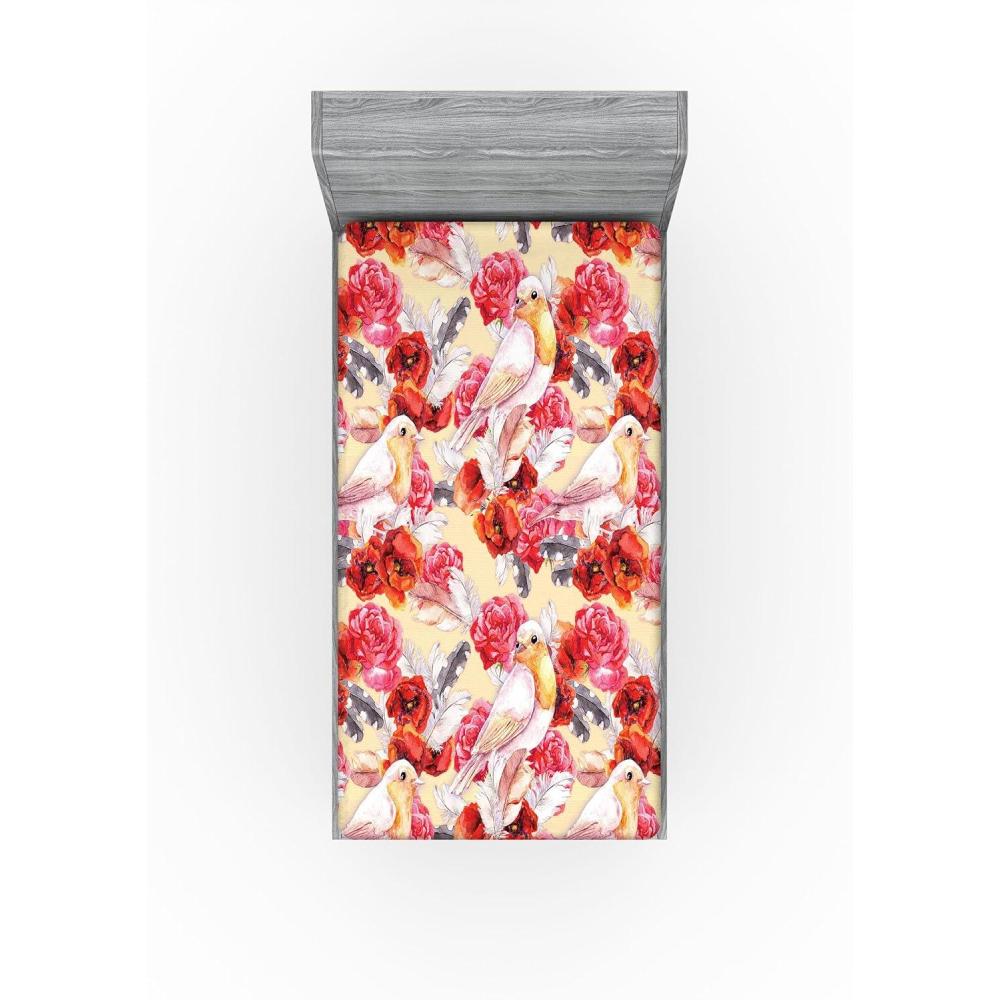 imageAmbesonne Floral Fitted Sheet Romantic Concept Art Featuring Rose Flowers Hearts Leaves Valentine Decorative Soft Fabric Bedding AllRound Elastic Pocket Queen Size Pastel Pink and Fern GreenDark Coral and Pale Orange