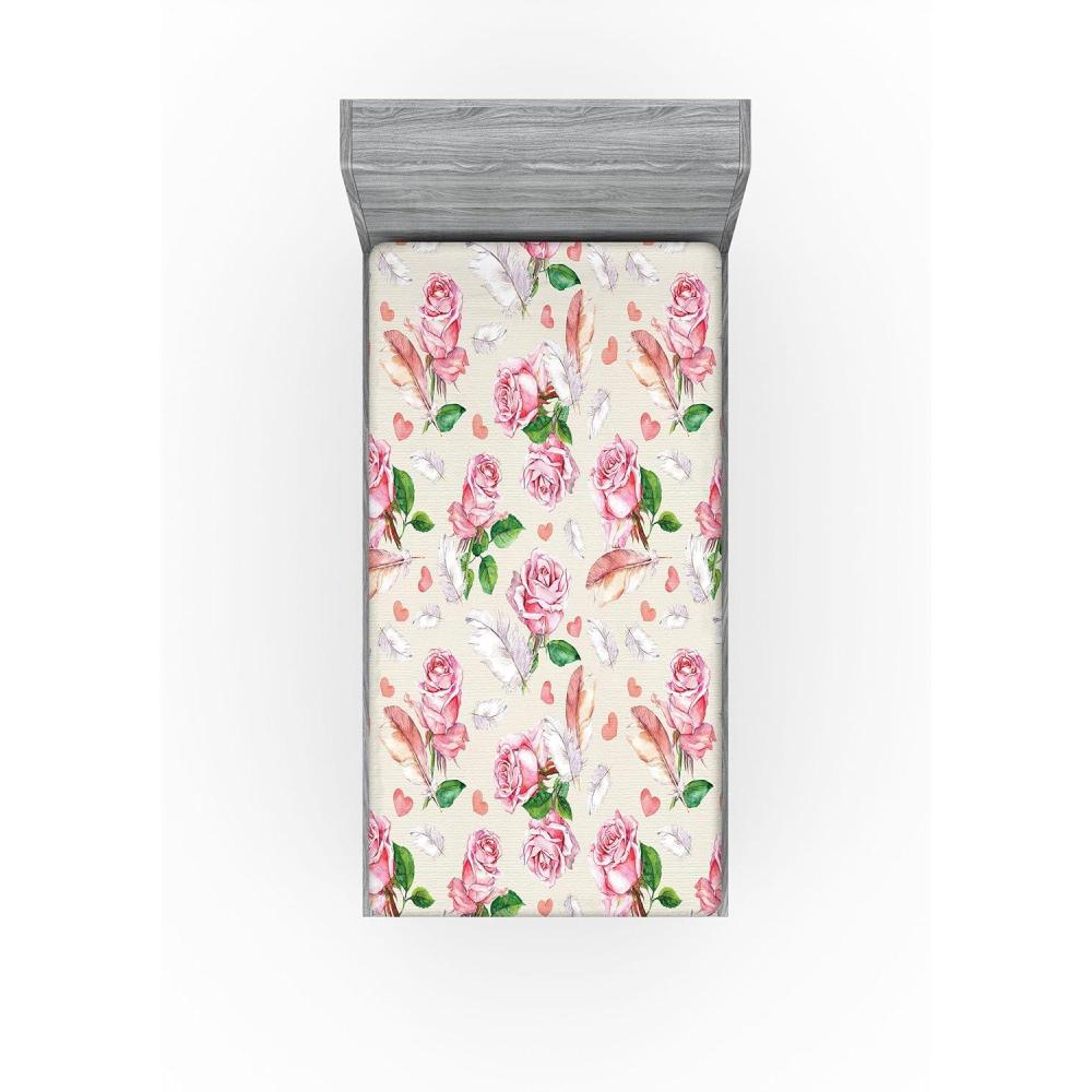 imageAmbesonne Floral Fitted Sheet Romantic Concept Art Featuring Rose Flowers Hearts Leaves Valentine Decorative Soft Fabric Bedding AllRound Elastic Pocket Queen Size Pastel Pink and Fern GreenPastel Pink and Fern Green