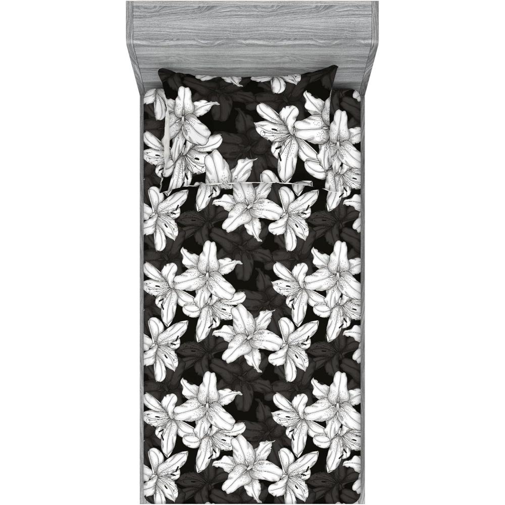 imageAmbesonne Floral Fitted Sheet amp Pillow Sham Set Monochrome Lily Flowers Valentines Day Concept Retro Illustration Decorative Printed 2 Piece Bedding Decor Set Twin Charcoal Grey and White