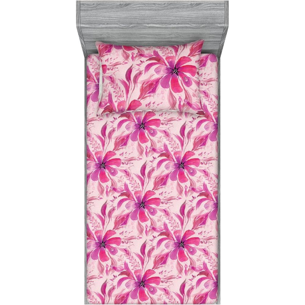 imageAmbesonne Floral Fitted Sheet amp Pillow Sham Set Realistic Painting Print A Million Roses to My Love Valentines Day Decorative Printed 3 Piece Bedding Decor Set Full Pale Pink Dark Pink and EcruPale Fuchsia Pink Rose