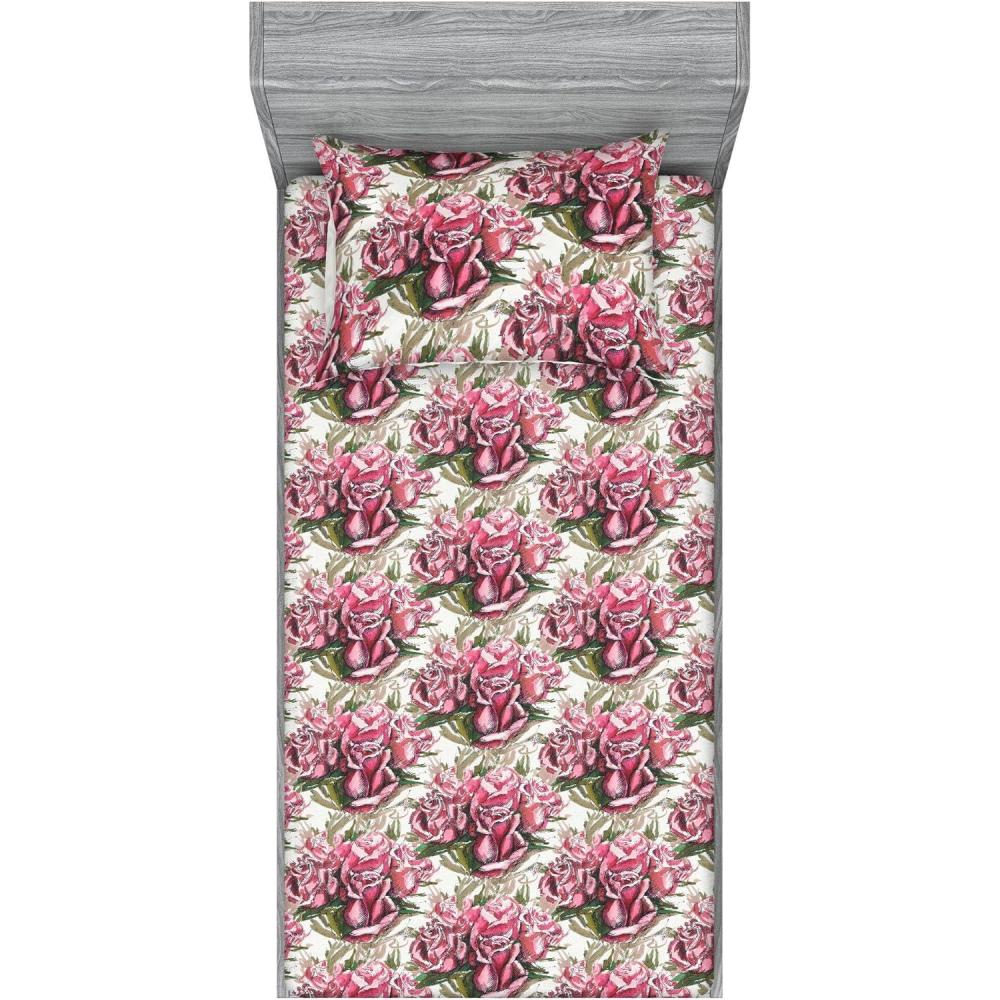imageAmbesonne Floral Fitted Sheet amp Pillow Sham Set Realistic Painting Print A Million Roses to My Love Valentines Day Decorative Printed 3 Piece Bedding Decor Set Full Pale Pink Dark Pink and EcruPale Pink Reseda Green