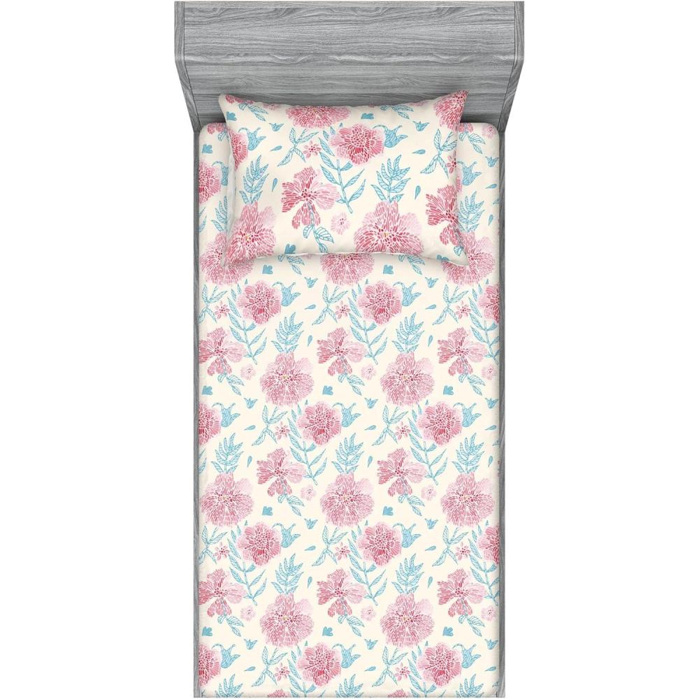 imageAmbesonne Floral Fitted Sheet amp Pillow Sham Set Realistic Painting Print A Million Roses to My Love Valentines Day Decorative Printed 3 Piece Bedding Decor Set Full Pale Pink Dark Pink and EcruRuby Beige and Sea Blue