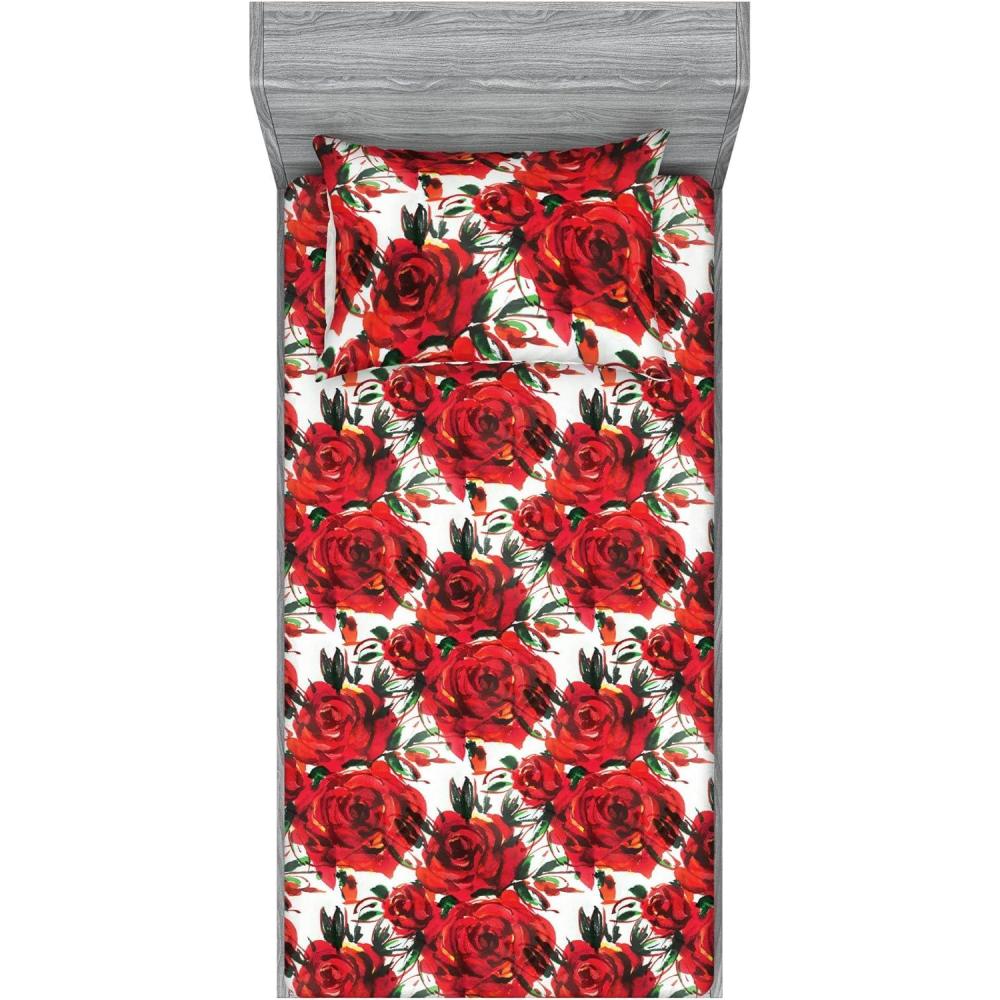 imageAmbesonne Floral Fitted Sheet amp Pillow Sham Set Realistic Painting Print A Million Roses to My Love Valentines Day Decorative Printed 3 Piece Bedding Decor Set Full Pale Pink Dark Pink and EcruDark Coral and Fern Green