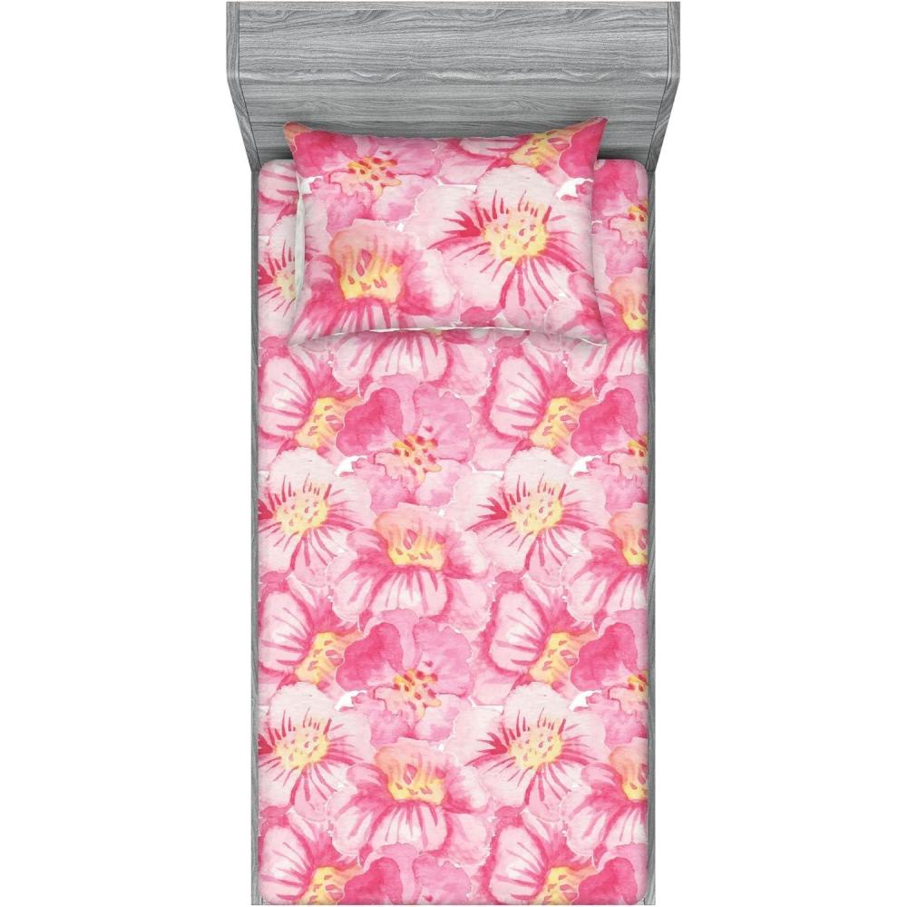 imageAmbesonne Floral Fitted Sheet amp Pillow Sham Set Realistic Painting Print A Million Roses to My Love Valentines Day Decorative Printed 3 Piece Bedding Decor Set Full Pale Pink Dark Pink and EcruSoft Pink Rose Cream