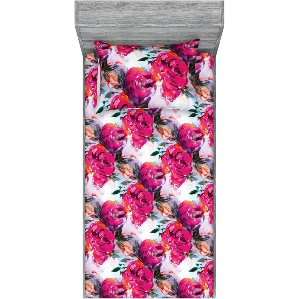 imageAmbesonne Floral Fitted Sheet amp Pillow Sham Set Realistic Painting Print A Million Roses to My Love Valentines Day Decorative Printed 3 Piece Bedding Decor Set Full Pale Pink Dark Pink and EcruMagenta Army Green White