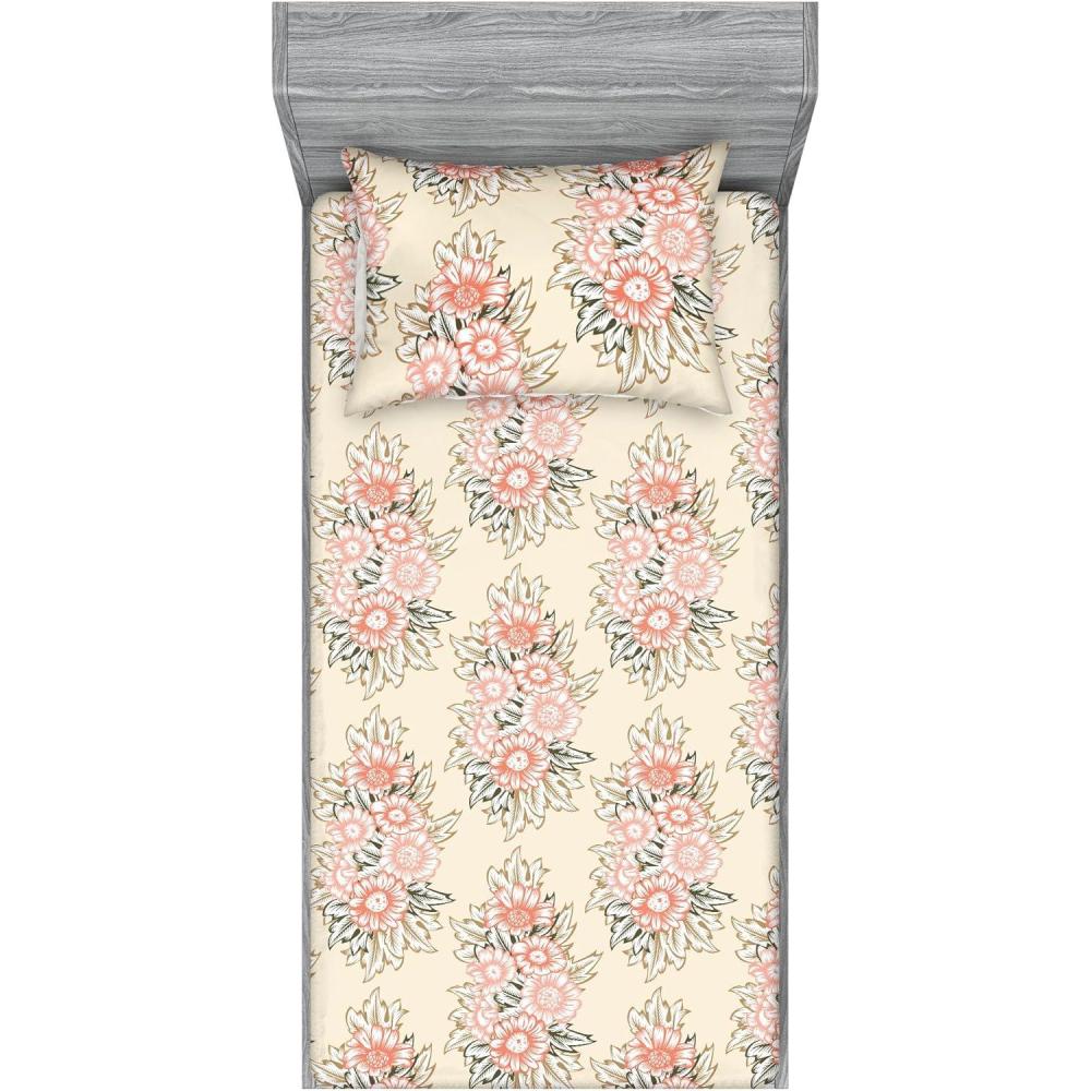imageAmbesonne Floral Fitted Sheet amp Pillow Sham Set Realistic Painting Print A Million Roses to My Love Valentines Day Decorative Printed 3 Piece Bedding Decor Set Full Pale Pink Dark Pink and EcruBeige Coral and Dark Tan