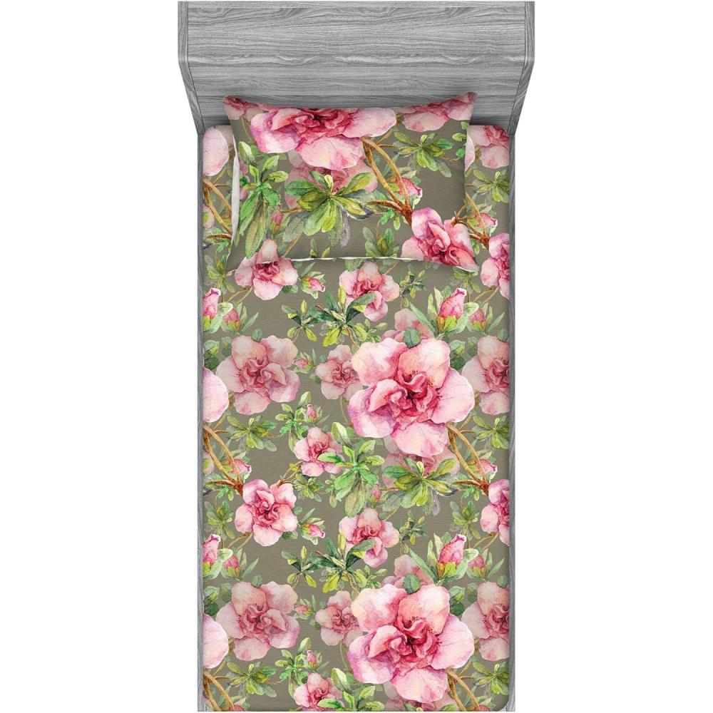 imageAmbesonne Floral Fitted Sheet amp Pillow Sham Set Romantic Concept Art Featuring Rose Flowers Hearts Leaves Valentine Decorative Printed 3 Piece Bedding Decor Set Queen Pastel Pink and Fern GreenDark Pink and Olive Green