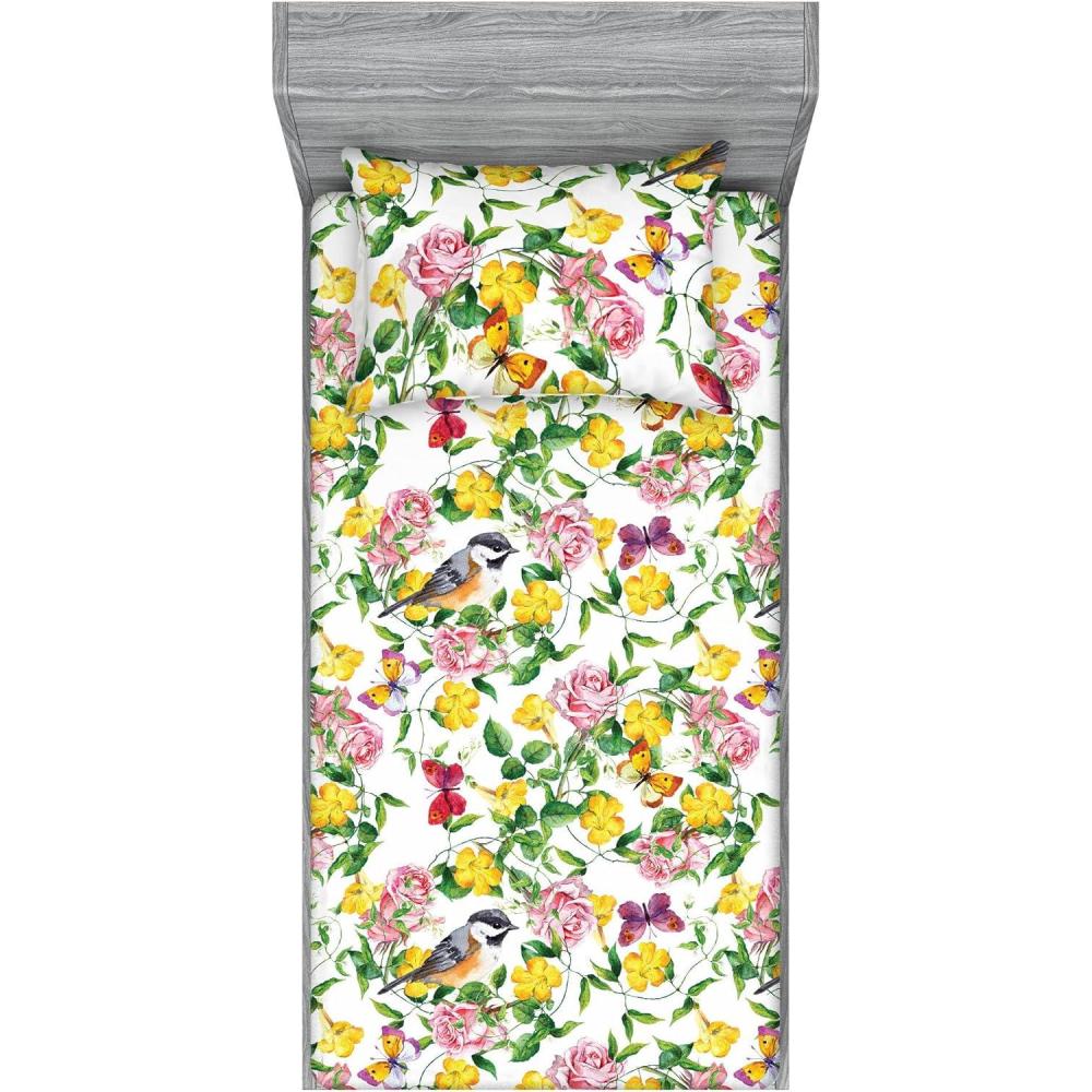 imageAmbesonne Floral Fitted Sheet amp Pillow Sham Set Romantic Concept Art Featuring Rose Flowers Hearts Leaves Valentine Decorative Printed 3 Piece Bedding Decor Set Queen Pastel Pink and Fern GreenMustard and Pale Olive Green