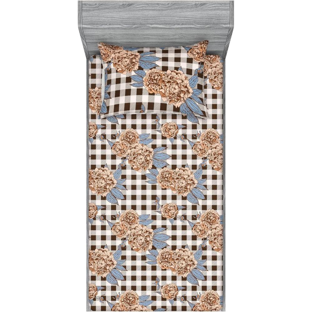 imageAmbesonne Floral Fitted Sheet amp Pillow Sham Set Romantic Concept Art Featuring Rose Flowers Hearts Leaves Valentine Decorative Printed 3 Piece Bedding Decor Set Queen Pastel Pink and Fern GreenPale Caramel and Slate Blue
