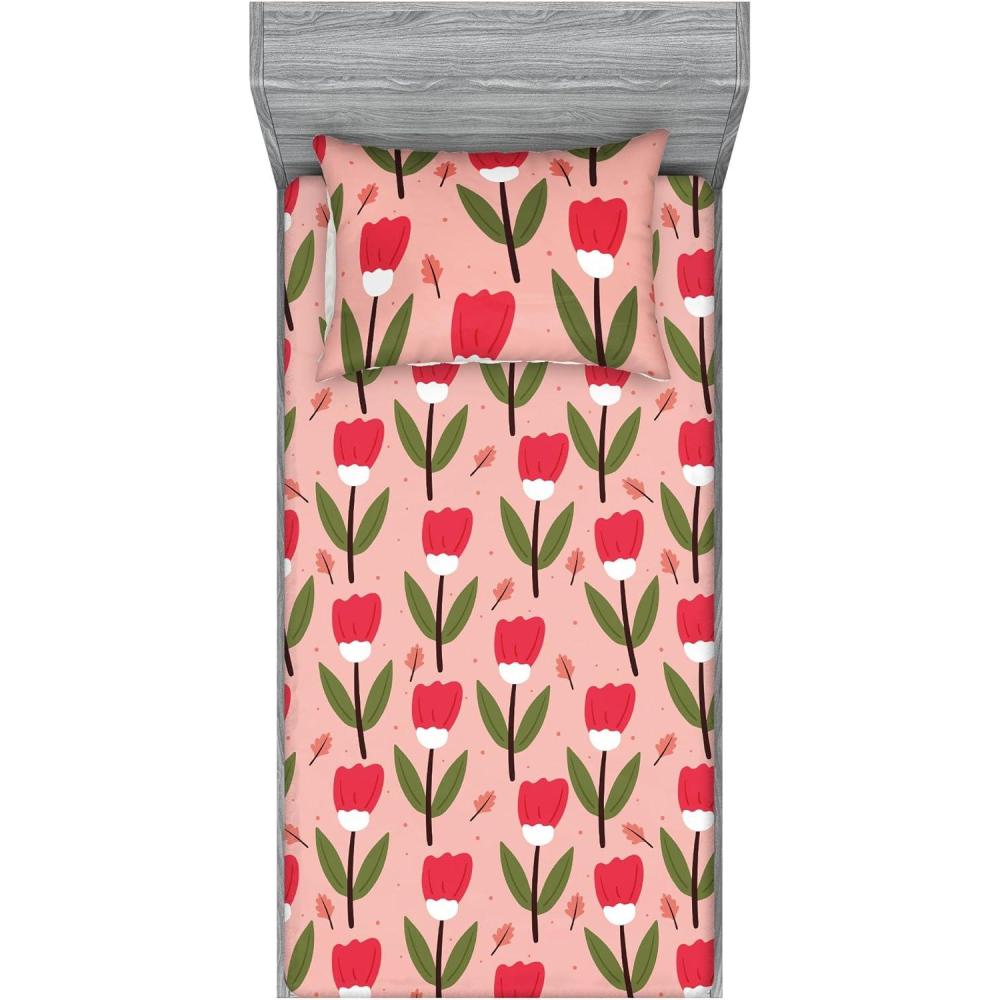 imageAmbesonne Floral Fitted Sheet amp Pillow Sham Set Romantic Concept Art Featuring Rose Flowers Hearts Leaves Valentine Decorative Printed 3 Piece Bedding Decor Set Queen Pastel Pink and Fern GreenRed Fern Green and Blush