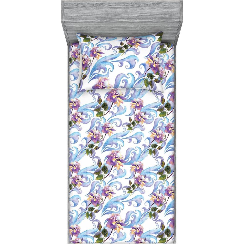 imageAmbesonne Floral Fitted Sheet amp Pillow Sham Set Romantic Concept Art Featuring Rose Flowers Hearts Leaves Valentine Decorative Printed 3 Piece Bedding Decor Set Queen Pastel Pink and Fern GreenPale Azure Blue Evergreen