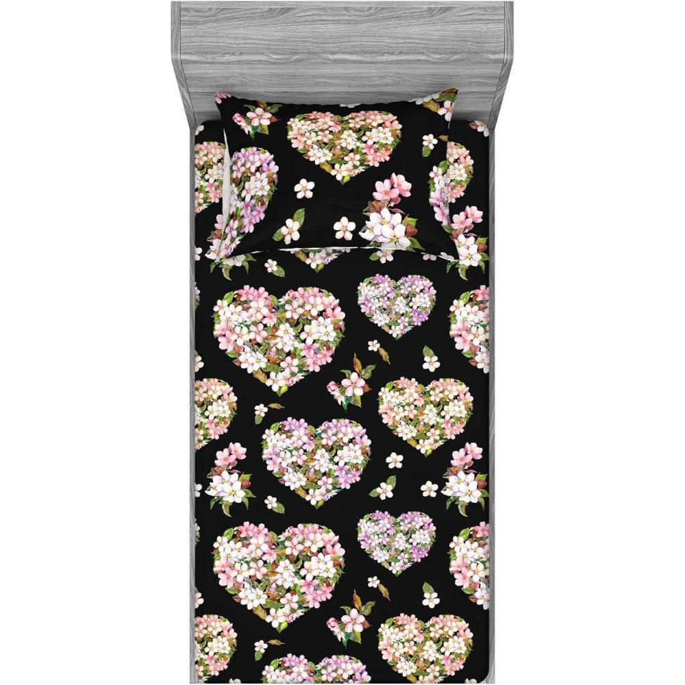 imageAmbesonne Floral Fitted Sheet amp Pillow Sham Set Romantic Concept Art Featuring Rose Flowers Hearts Leaves Valentine Decorative Printed 3 Piece Bedding Decor Set Queen Pastel Pink and Fern GreenSage Green and Soft Pink