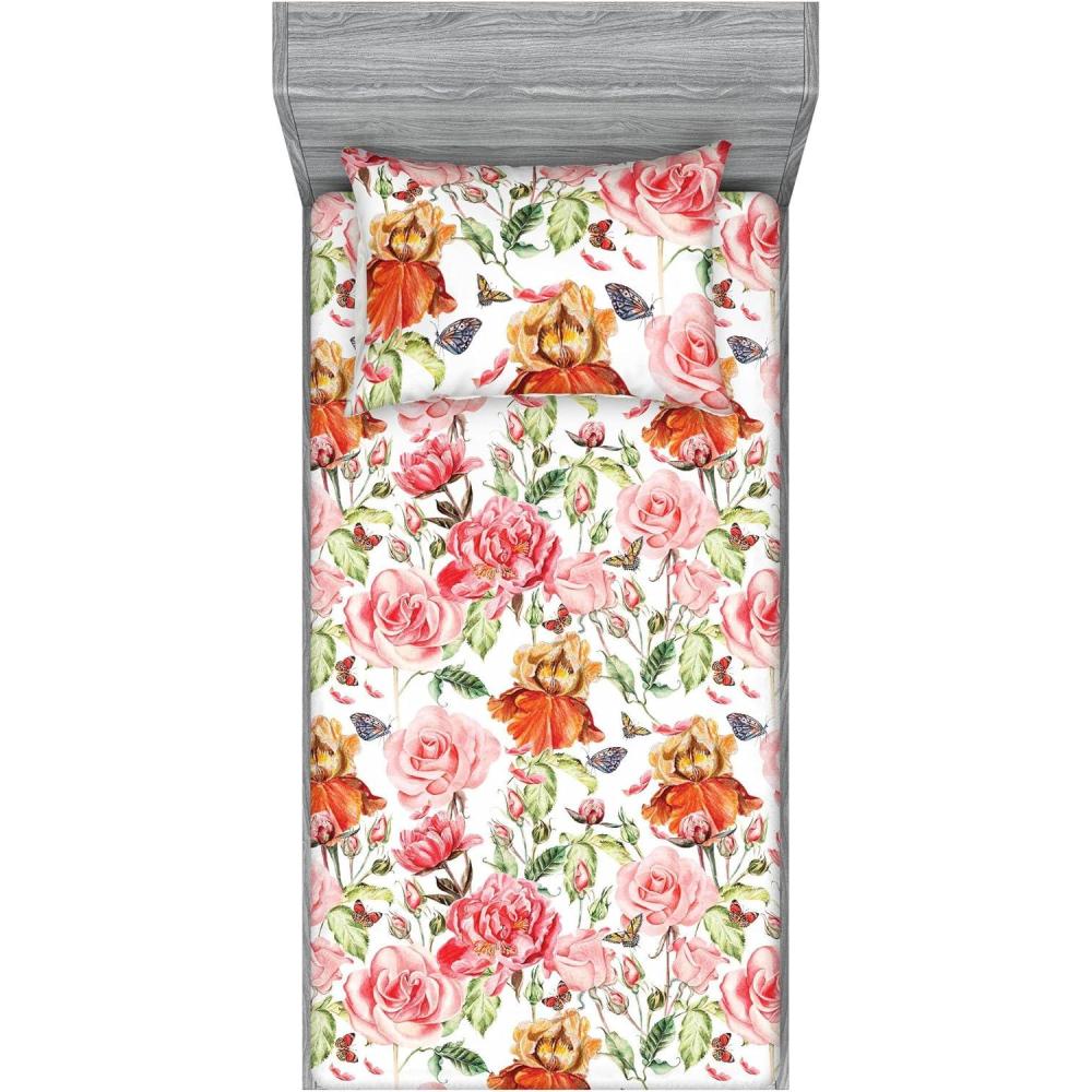 imageAmbesonne Floral Fitted Sheet amp Pillow Sham Set Romantic Concept Art Featuring Rose Flowers Hearts Leaves Valentine Decorative Printed 3 Piece Bedding Decor Set Queen Pastel Pink and Fern GreenDark Peach and Soft Pink