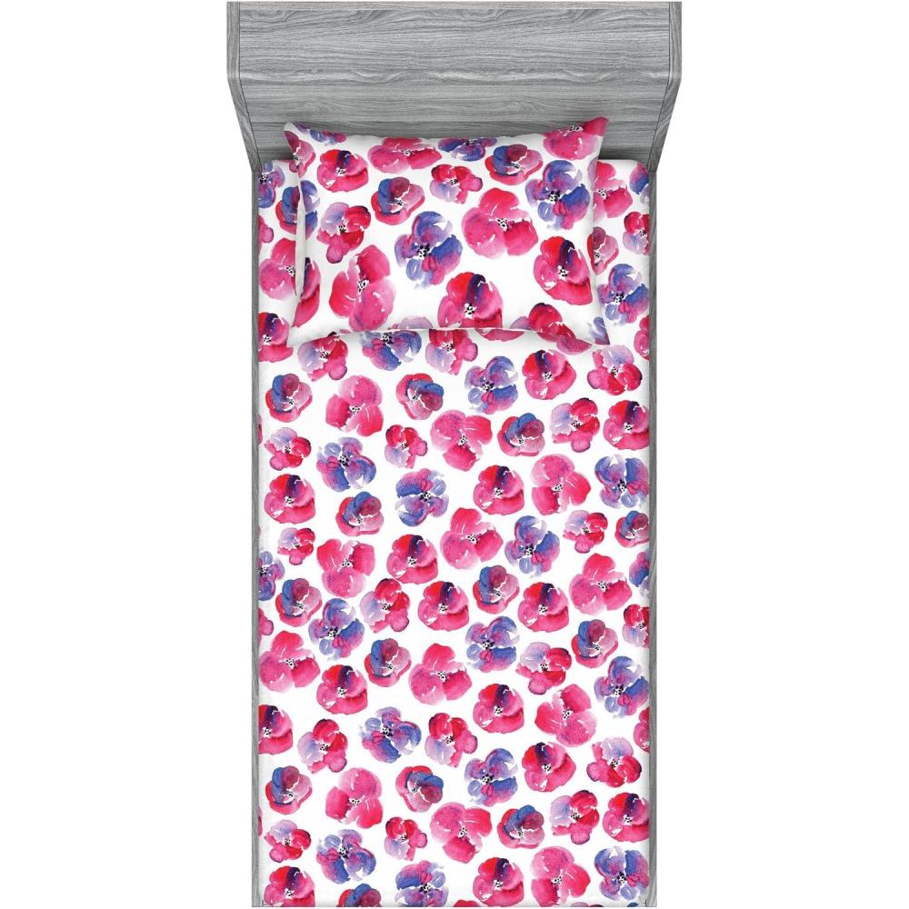 imageAmbesonne Floral Fitted Sheet amp Pillow Sham Set Romantic Concept Art Featuring Rose Flowers Hearts Leaves Valentine Decorative Printed 3 Piece Bedding Decor Set Queen Pastel Pink and Fern GreenDark Pink and Ceil Blue